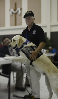 Pax Comfort Dog with his Veteran Handler demonstrating a rise command.
